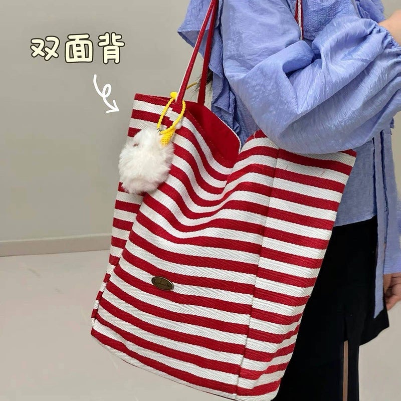 Striped Canvas Bag For Women Trendy Summer Korean Niche Tote Bag Casual Large Capacity Shopping Bag - Image 2