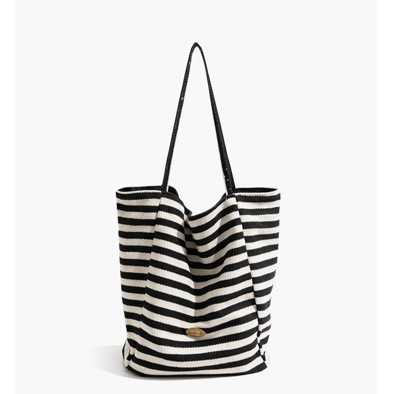 Striped Canvas Bag For Women Trendy Summer Korean Niche Tote Bag Casual Large Capacity Shopping Bag - Image 4