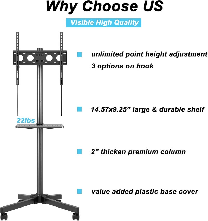 Xinlei Mobile TV Carts on Wheels for 21-60 Inch Flat/Curved Panel Screens TVs - Height Adjustable Floor Trolley Stand with Shelf Holds up to 77lbs - Max VESA 400x400mm - Image 4