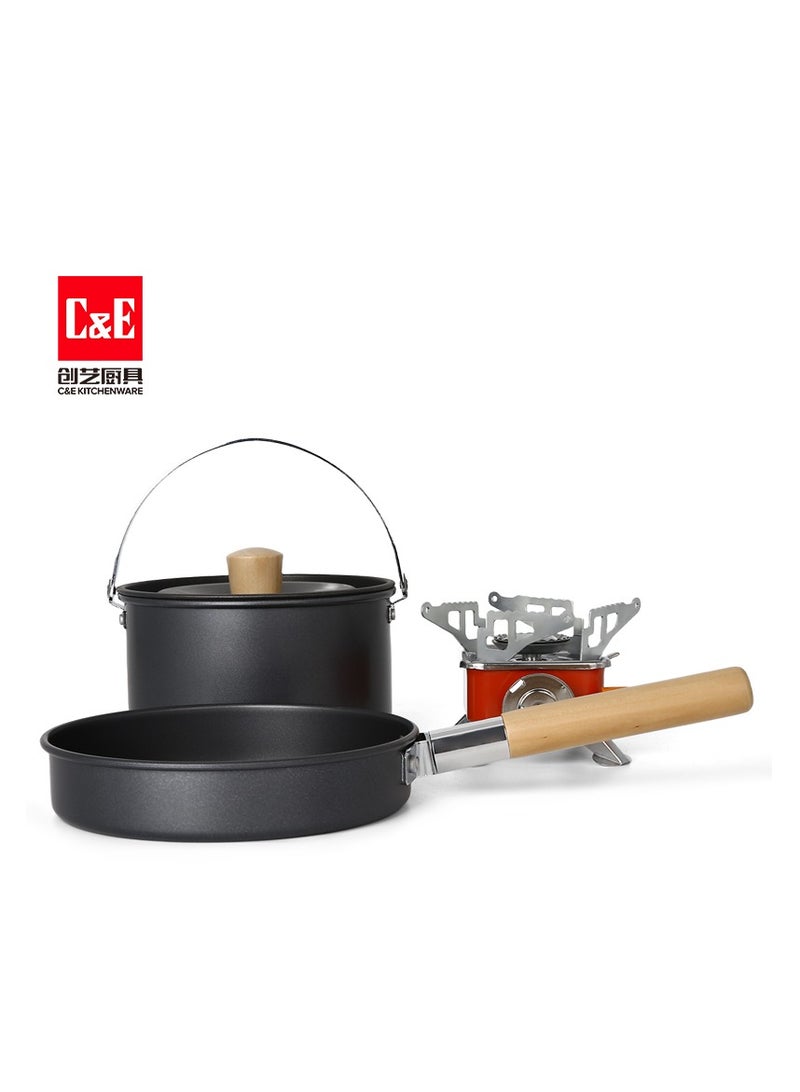 C&E Outdoor Portable Cooker Combination, Including A Black Soup Pot With Cover And Metal Handle, A Black Frying Pan With Wooden Handle And An Outdoor Square Stove.  - Image 2