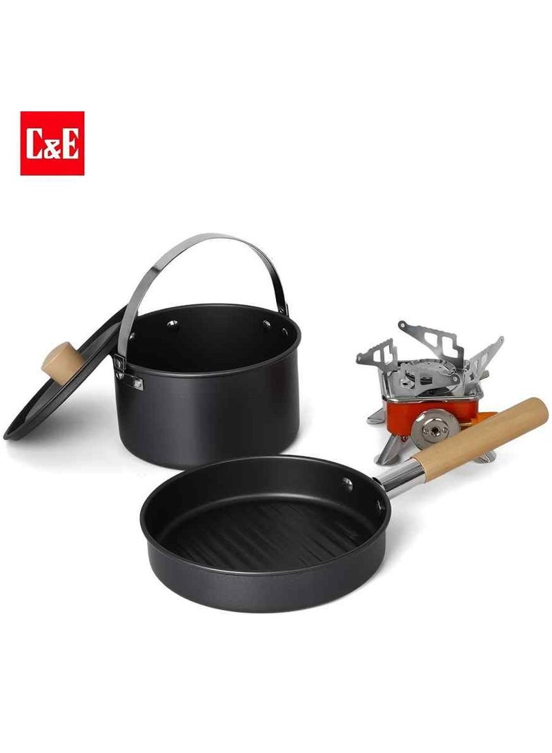 C&E Outdoor Portable Cooker Combination, Including A Black Soup Pot With Cover And Metal Handle, A Black Frying Pan With Wooden Handle And An Outdoor Square Stove.  - Image 1