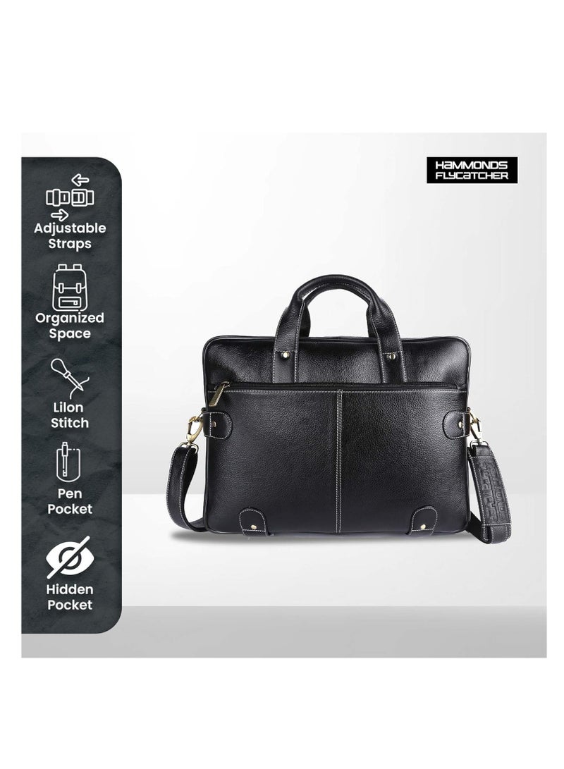 HAMMONDS FLYCATCHER Leather Laptop Bag for Men/Office Bag for Men, Black| Fits Upto 16 Inch Laptop/MacBook | Leather Bag with Shoulder Straps | Laptop Messenger Bag/Leather Bag for Men - Image 4