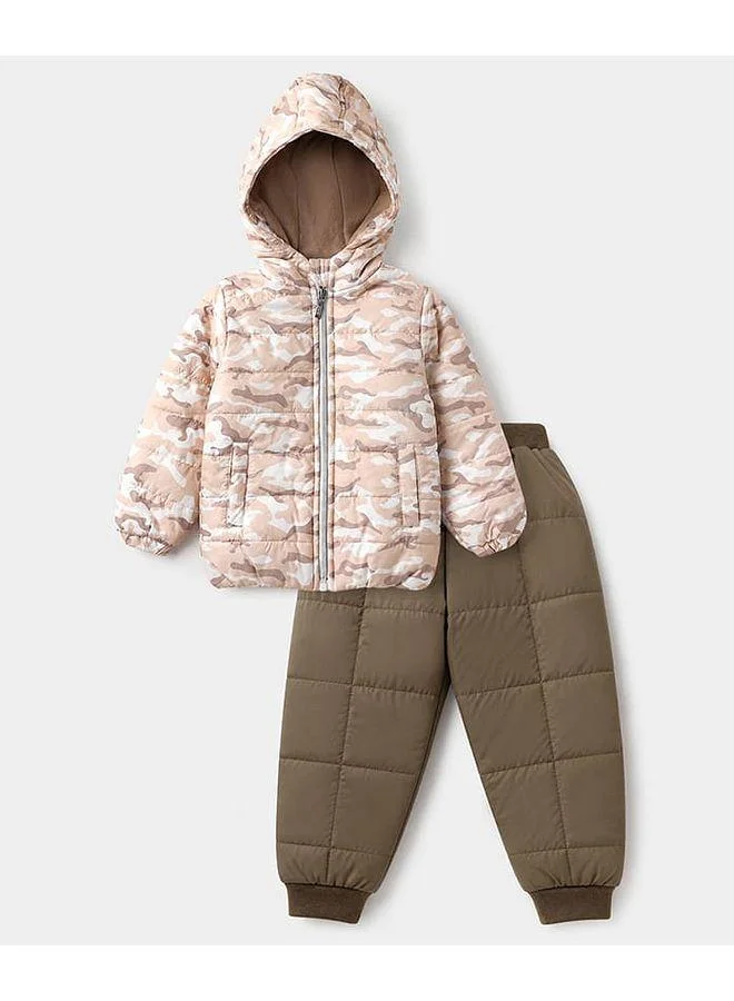 Babyhug Babyhug Woven Winter Wear Suit with Camouflage Print - Beige & Brown