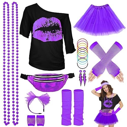 WILDPARTY 80s Costume Accessories for Women TShirt Tutu Fanny Pack Headband Earring Necklace Fishnet Gloves Legwarmers 80s Party Halloween Outfit for Women 24PCS Purple M - Image 1