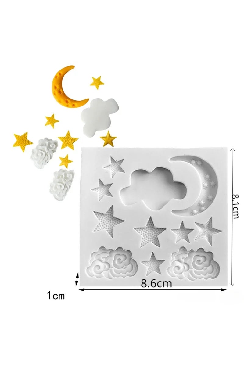 قالب تزيين الكيك من السيليكون بلون رمادي فاتح، مزين بنجوم وقمر وسحب، مصنوع من عجينة السكر، مثالي لعمل كيك موس الشوكولاتة بنفسك.