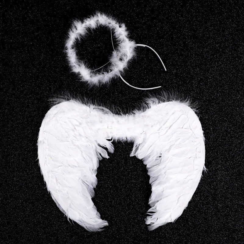 Haysandy 3 Pcs Angel Costumes for Kids Girls Set Fairy Dress Angel Feather Wings and Headband for Halloween Dress up Cosplay (4-6 Years) - Image 4