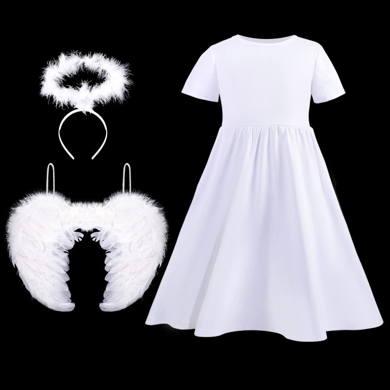 Haysandy 3 Pcs Angel Costumes for Kids Girls Set Fairy Dress Angel Feather Wings and Headband for Halloween Dress up Cosplay (4-6 Years) - Image 2