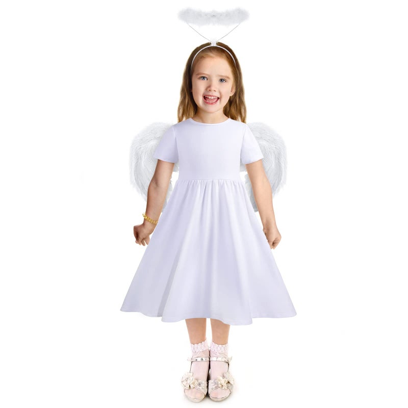 Haysandy 3 Pcs Angel Costumes for Kids Girls Set Fairy Dress Angel Feather Wings and Headband for Halloween Dress up Cosplay (4-6 Years) - Image 1