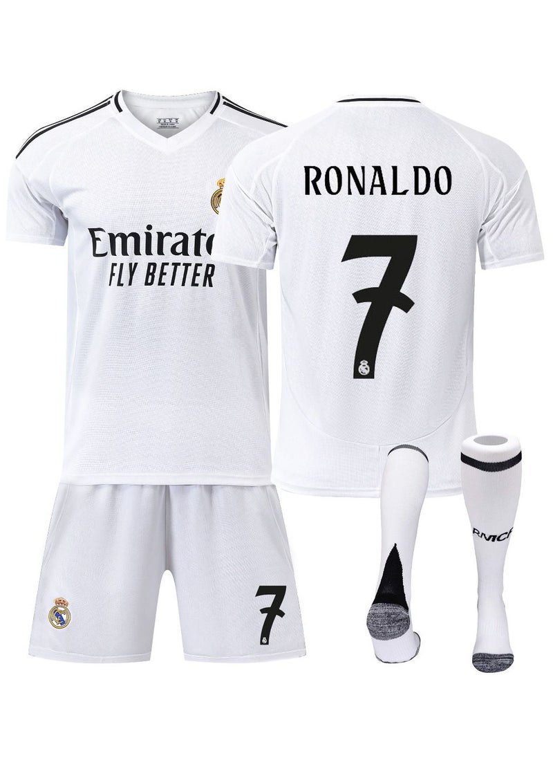 RedMapleTEK - Children's Soccer Jersey, 23/24 New Season 3-Piece Jersey Set, Real Madrid Home Cristiano Ronaldo #7 Jersey, Shorts And Socks Set, Children's And Youth Sizes, Soccer Jersey Gift Set - Image 1