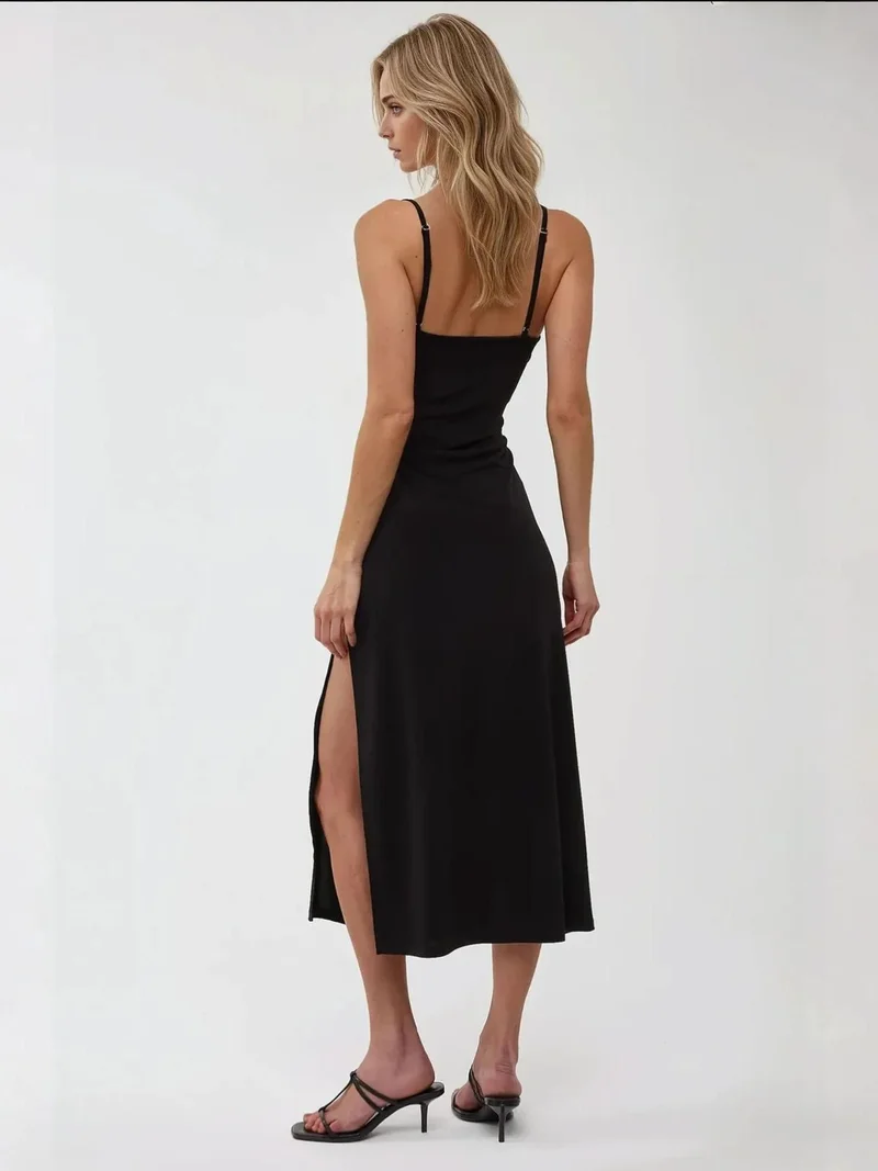 Hiccup Black Bodycon Maxi Dress with Side Slit for Women | Best Price UAE