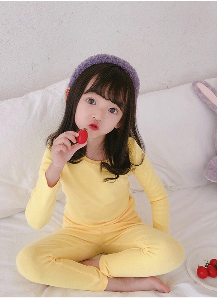 Loquat - Kids Solid Color Thermal Underwear Set Cotton Soft Long Johns Base Layer Top & Bottom Children's Pajama Set Yellow - Image 1