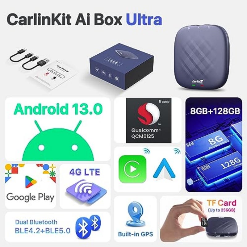كارلين نت صندوق كاربلاي بنظام اندرويد 13 بذاكرة 8GB+128GB، سلسلة الترا مع كوالكوم ثماني النواة القوي، يأتي مع نظام اندرويد اوتو كار بلاي وجوجل بلاي، فقط لسيارات كاربلاي السلكية من المصنع - Image 2