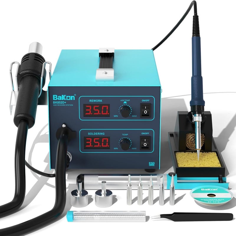 Bakon 852d+ Heat Gun And Soldering Iron 2-In-1 Kit, Smd Hot Air Rework Soldering Station, Multiple Functions Electronics Kit, Led Digital Display, Knob Type Adjustable Temperature - Image 1
