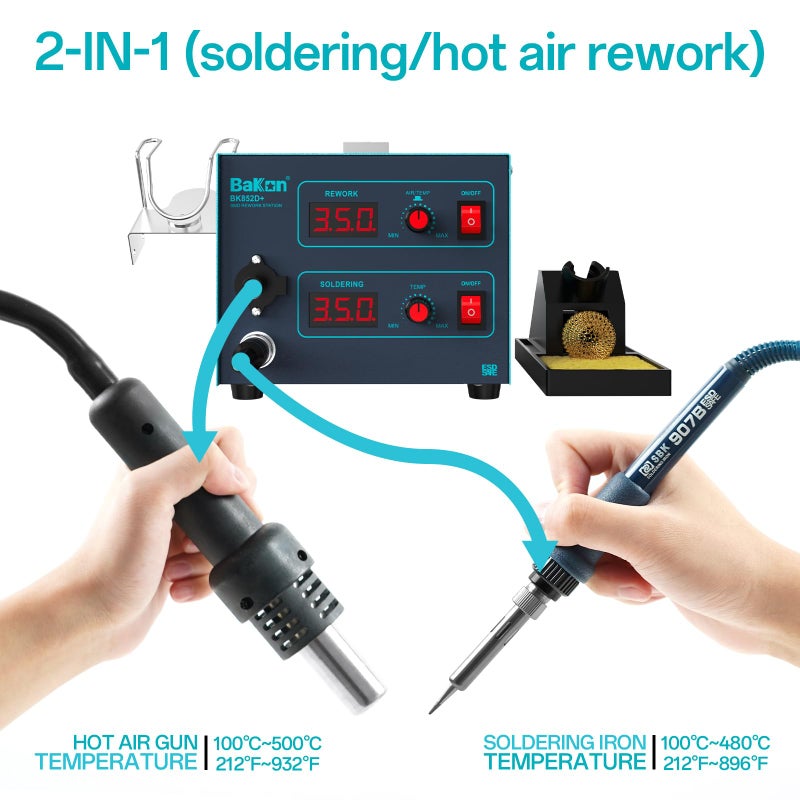 Bakon 852d+ Heat Gun And Soldering Iron 2-In-1 Kit, Smd Hot Air Rework Soldering Station, Multiple Functions Electronics Kit, Led Digital Display, Knob Type Adjustable Temperature - Image 2
