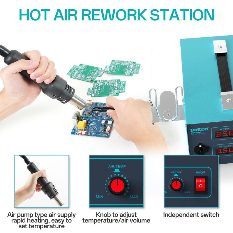 Bakon 852d+ Heat Gun And Soldering Iron 2-In-1 Kit, Smd Hot Air Rework Soldering Station, Multiple Functions Electronics Kit, Led Digital Display, Knob Type Adjustable Temperature - Image 4