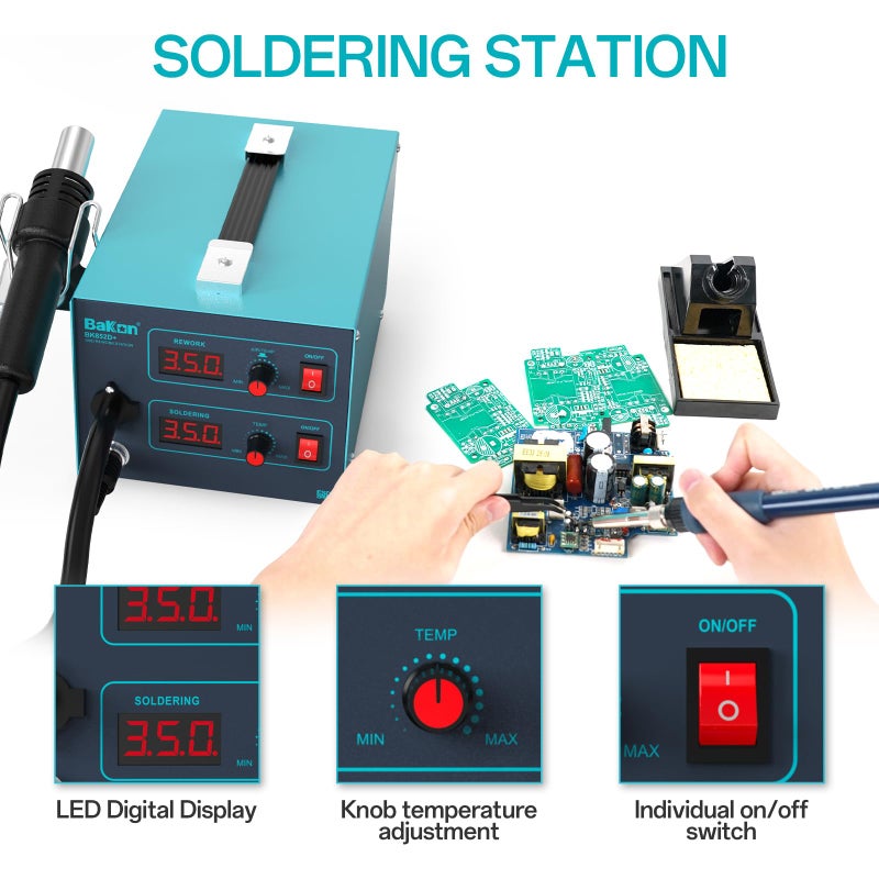 Bakon 852d+ Heat Gun And Soldering Iron 2-In-1 Kit, Smd Hot Air Rework Soldering Station, Multiple Functions Electronics Kit, Led Digital Display, Knob Type Adjustable Temperature - Image 3