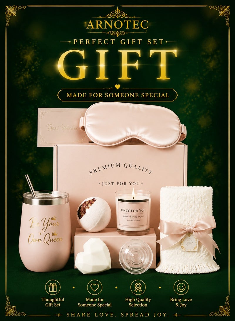 ARNOTEC Relaxing Spa Gift Set for Women – Mother's Day, Birthday & Holiday Gifts, 8-Piece Premium Gift Basket with Eye Mask, Candle, Bath Bomb, Heart Soap, Tumbler & Plush Towel - Image 1