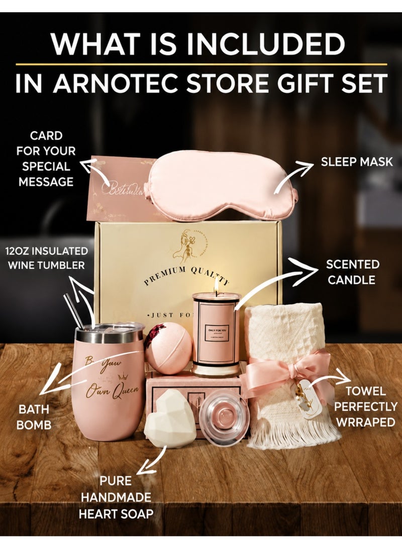 ARNOTEC Relaxing Spa Gift Set for Women – Mother's Day, Birthday & Holiday Gifts, 8-Piece Premium Gift Basket with Eye Mask, Candle, Bath Bomb, Heart Soap, Tumbler & Plush Towel - Image 2