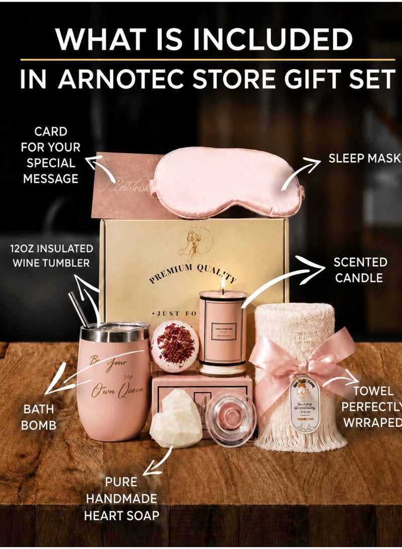ARNOTEC Relaxing Spa Gift Set for Women – Mother's Day, Birthday & Holiday Gifts, 8-Piece Premium Gift Basket with Eye Mask, Candle, Bath Bomb, Heart Soap, Tumbler & Plush Towel - Image 2