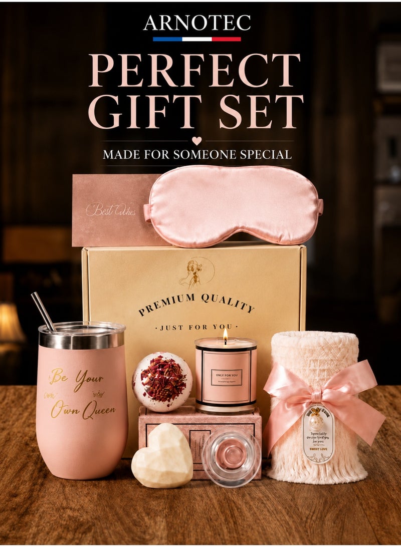 ARNOTEC Relaxing Spa Gift Set for Women – Mother's Day, Birthday & Holiday Gifts, 8-Piece Premium Gift Basket with Eye Mask, Candle, Bath Bomb, Heart Soap, Tumbler & Plush Towel - Image 1