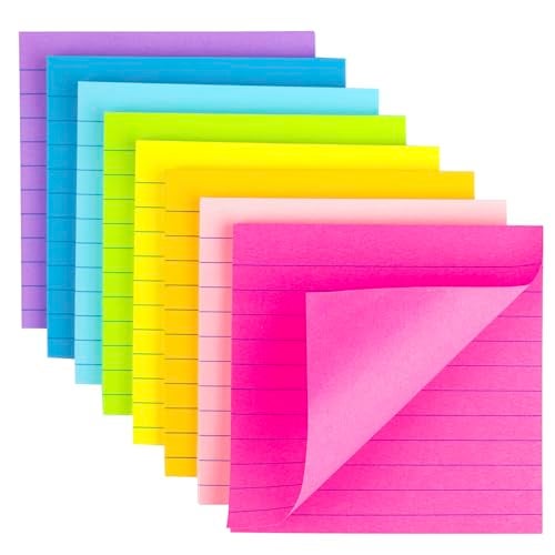 Kozerite (8 Pack) Lined Sticky Notes 4x4 Bright Stickies Colorful Super Sticking Power Memo Pads, 8 Colors, Strong Adhesive - Image 1