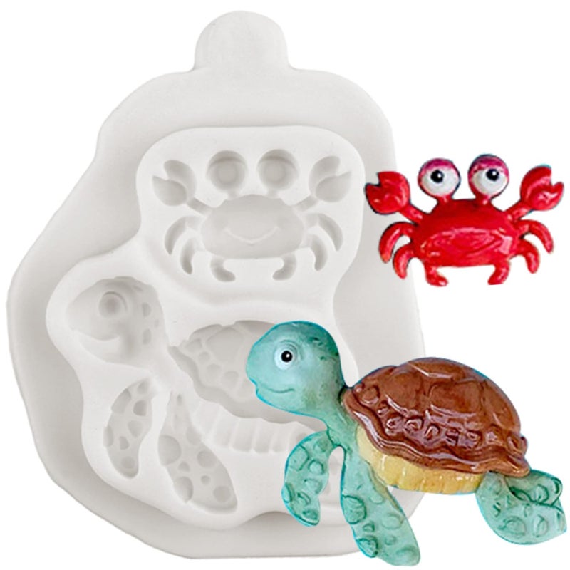 QDMOLDS Sue Turtle Silicone Molds Crab Fondant Mold Sea Animal Chocolate Candy Mold for Marine Theme Cake Decorating Cupcake Topper Polymer Clay Gum Paste