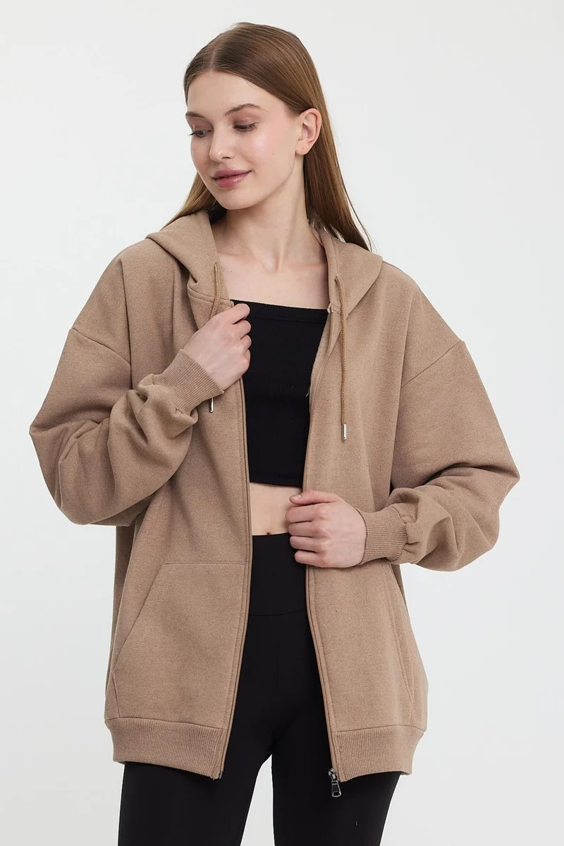 mmetalic Kangaroo Pocket Hooded Zippered Inside Fleece Mink Women's Cardigan
