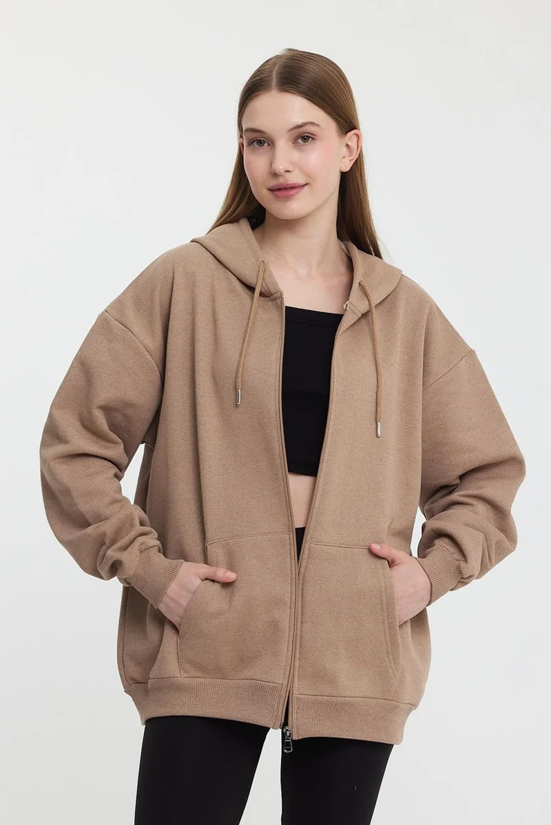 mmetalic Kangaroo Pocket Hooded Zippered Inside Fleece Mink Women's Cardigan