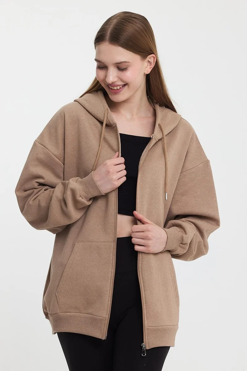 mmetalic Kangaroo Pocket Hooded Zippered Inside Fleece Mink Women's Cardigan