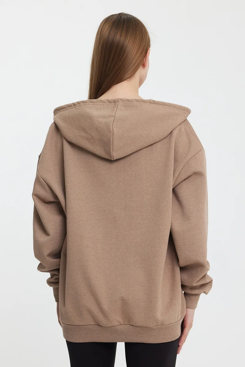 mmetalic Kangaroo Pocket Hooded Zippered Inside Fleece Mink Women's Cardigan
