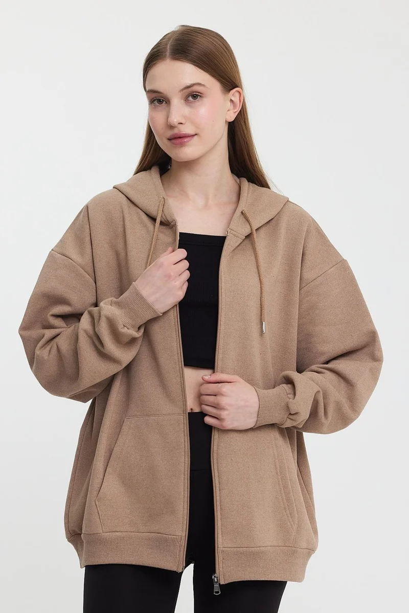 mmetalic Kangaroo Pocket Hooded Zippered Inside Fleece Mink Women's Cardigan