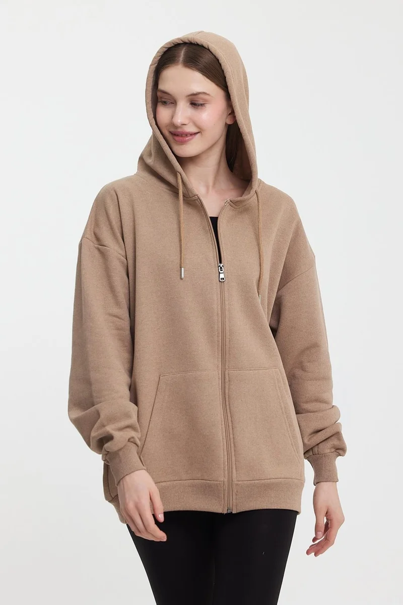 mmetalic Kangaroo Pocket Hooded Zippered Inside Fleece Mink Women's Cardigan