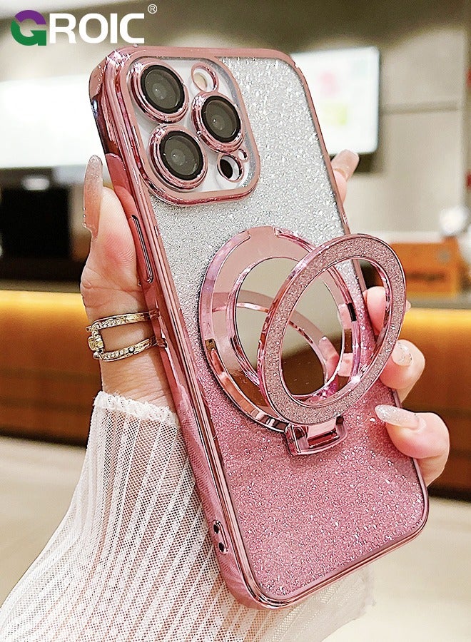 GROIC Magnetic Case for iPhone 16 Pro Max 6.9 Inches with 1 Pack Screen Protector,Mirror Kickstand Glitter Case Compatible with MagSafe, Bling Sparkly Phone Cover with Makeup Mirror & HD Tempered Glass Film - Image 2