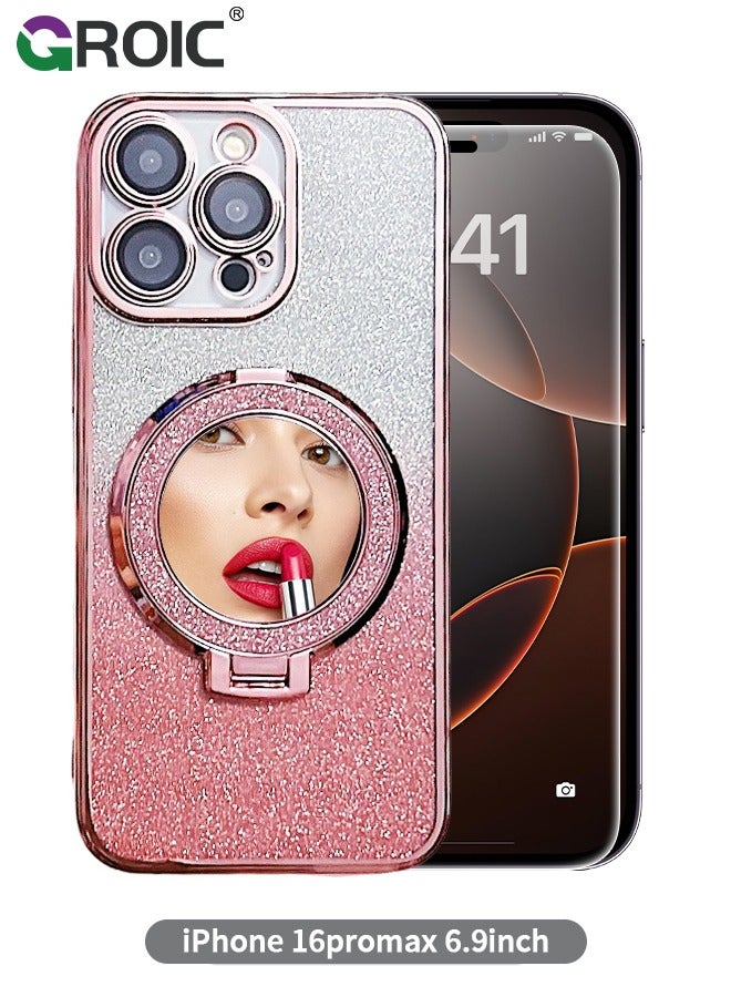 GROIC Magnetic Case for iPhone 16 Pro Max 6.9 Inches with 1 Pack Screen Protector,Mirror Kickstand Glitter Case Compatible with MagSafe, Bling Sparkly Phone Cover with Makeup Mirror & HD Tempered Glass Film - Image 1