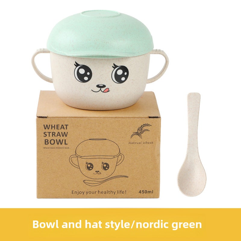 Childrens wheat straw tableware suit baby compartment food supplement plate cartoon bowl chopsticks children gift printed logoBowl Spoon hat/Nordic Green Bowl Spoon hat/Nordic Green 