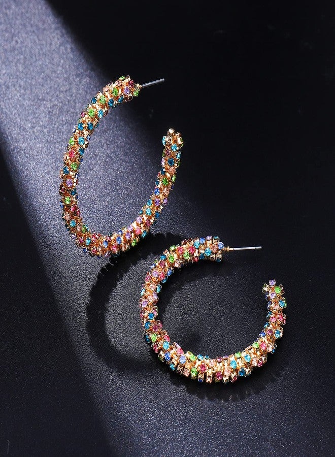 BVGA Fashion Rhinestone Hoop Earring Women's Gold Plated Crystal Hoop Earring Bohemian Colorful Rainbow Crystal Wrapped Hoop Dangle Earrings for Women Valentine's Day Gifts - Image 4