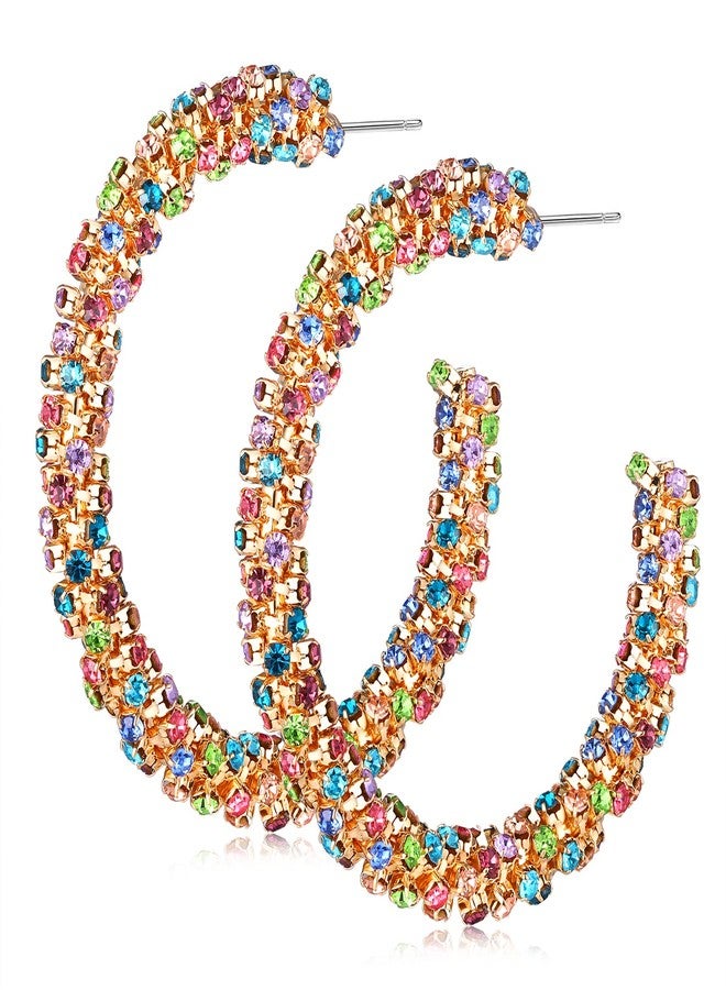 BVGA Fashion Rhinestone Hoop Earring Women's Gold Plated Crystal Hoop Earring Bohemian Colorful Rainbow Crystal Wrapped Hoop Dangle Earrings for Women Valentine's Day Gifts - Image 1