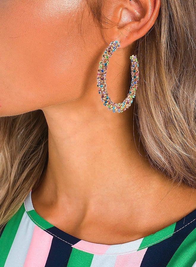 BVGA Fashion Rhinestone Hoop Earring Women's Gold Plated Crystal Hoop Earring Bohemian Colorful Rainbow Crystal Wrapped Hoop Dangle Earrings for Women Valentine's Day Gifts - Image 5