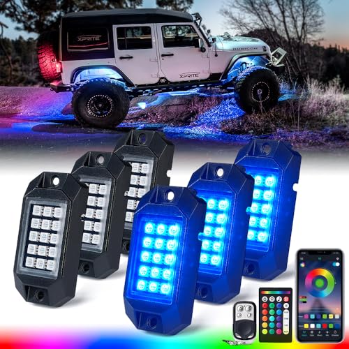 Xprite Bluetooth RGB LED Rock Lights Kit, Multicolor Neon Accent Music Flashing Lighting Underglow Kits with RF Controller for Off-Road, Trucks, Cars, UTV, ATV, SUV, RZR, Motorcycles, Boats - 6 PCS - Image 1