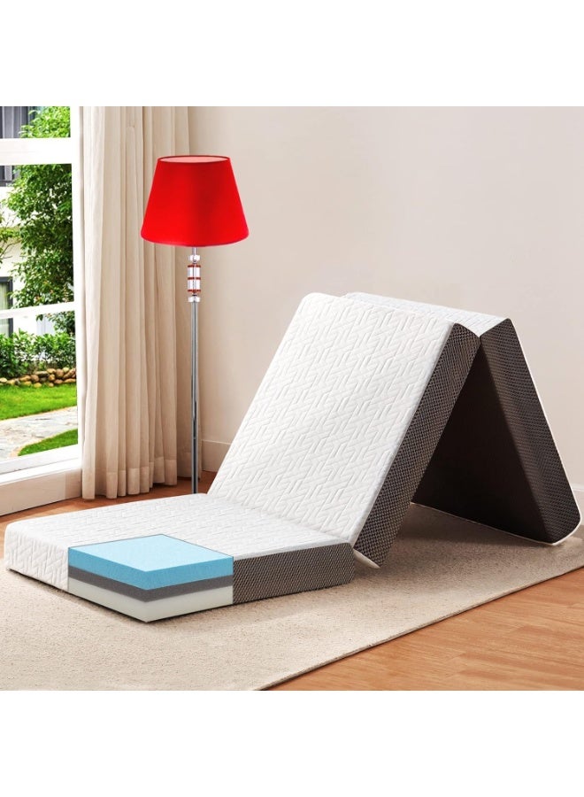 The Home Mart 4 Inch Tri Folding Mattress Single Size with Storage Bag, Foldable Memory Foam Topper Portable Floor Guest Bed with Removable Cover (Single : 75" x 25" x 4")