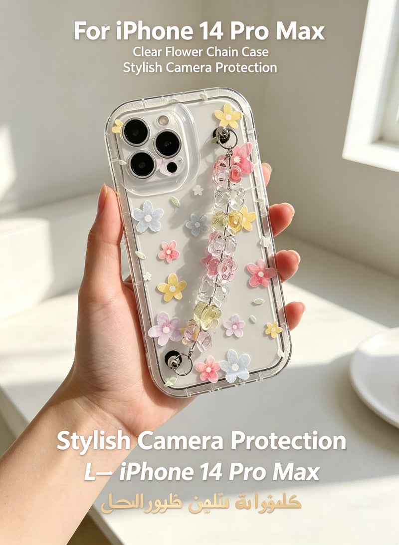 Case for iPhone 14 Pro Max Case,Colorful Flowers Pattern Clear Phone Case with Strap Wrist,Slim Case Compatible with iPhone 14 Pro Max,TPU material Anti-Scratch Phone Fashion Cover Women Girls - Image 1
