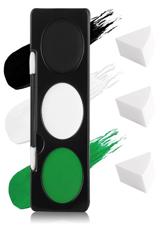 Paminify Green Witch Makeup Kit,Black White Green Face Paint + 3PC Sponge + Brush,Zombie Hulk Hunting 3 Colors Body Paint Palette,Safe Halloween Elphaba Costume Frankenstein Cosplay Set for Kids,21g - Image 1