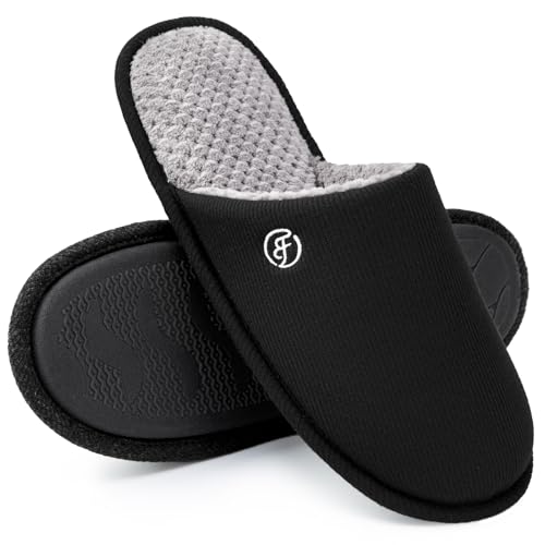 EverFoams Men's Cotton Knit Slippers Lightweight Memory Foam Indoor House Shoes with Anti-Skid Sole(11-12 M US, Space Black) - Image 1