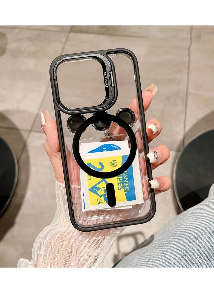 Folding Camera Bracket Matte Magnetic Case for iPhone 16 Pro, Wireless Charging with Lens Film Shock-proof Cover, Black - Image 1