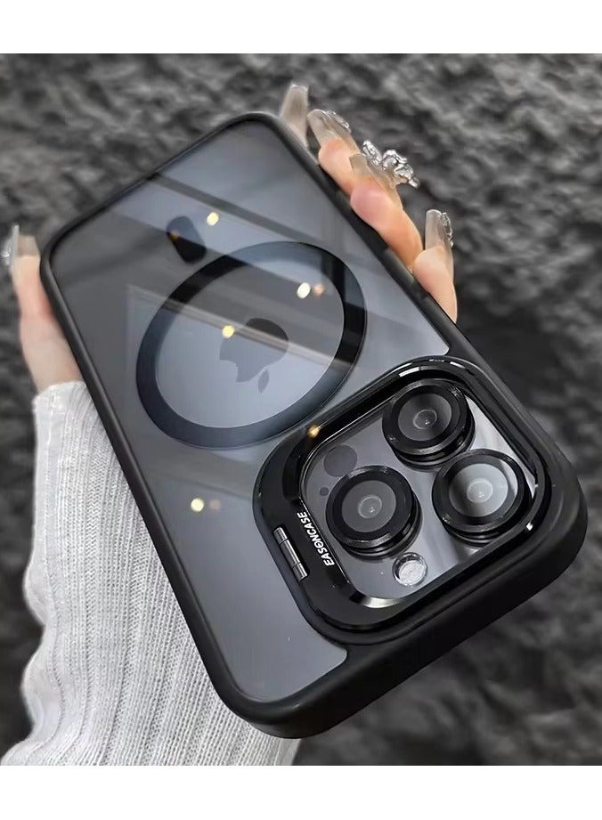 Folding Camera Bracket Matte Magnetic Case for iPhone 16 Pro, Wireless Charging with Lens Film Shock-proof Cover, Black - Image 3