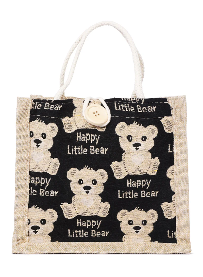 London Rag Black Printed Jute Tote Hand Bags
