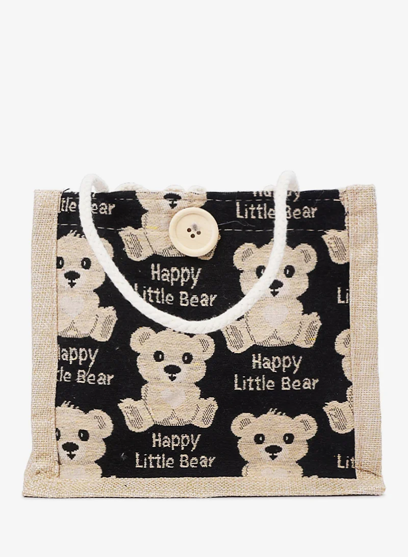 Black Printed Jute Tote Hand Bags
