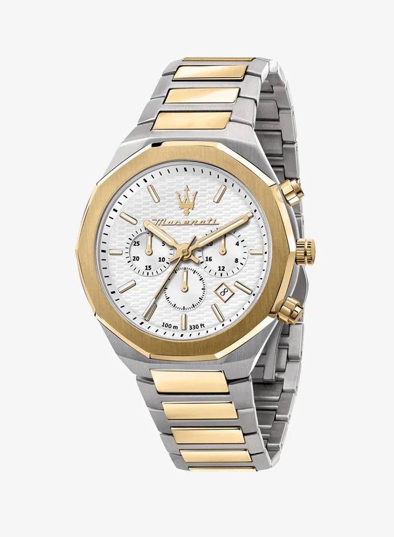 Stile Men's Chronograph Analog Watch - White Silver Guilloche Dial, 45mm Stainless Steel Case, Gold Stainless Steel Bracelet, Quartz - R8873642009