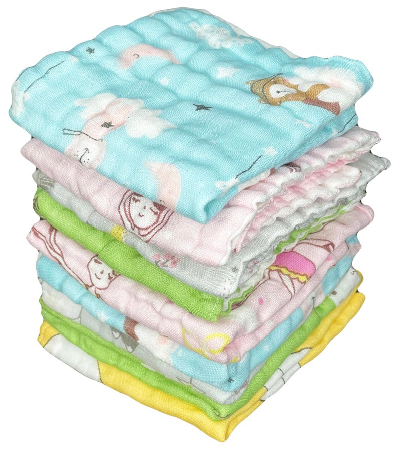 TERI BERI Muslin Cotton Printed Face Towels for Newborn Baby Extra Soft Hankies Reusable Napkins for Infants Toddlers (Pack of 5, Printed) - Image 1