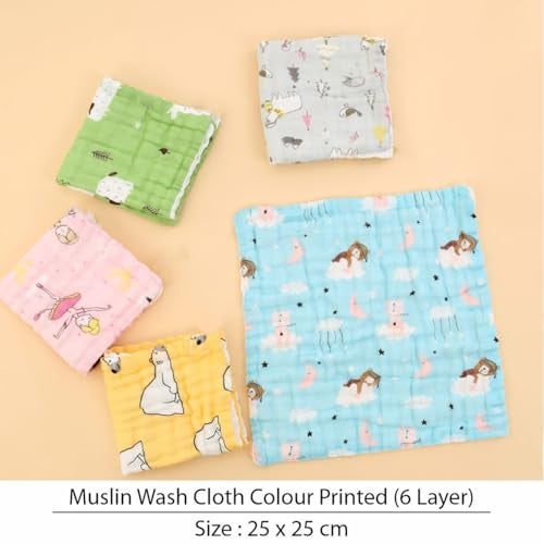 TERI BERI Muslin Cotton Printed Face Towels for Newborn Baby Extra Soft Hankies Reusable Napkins for Infants Toddlers (Pack of 5, Printed) - Image 2